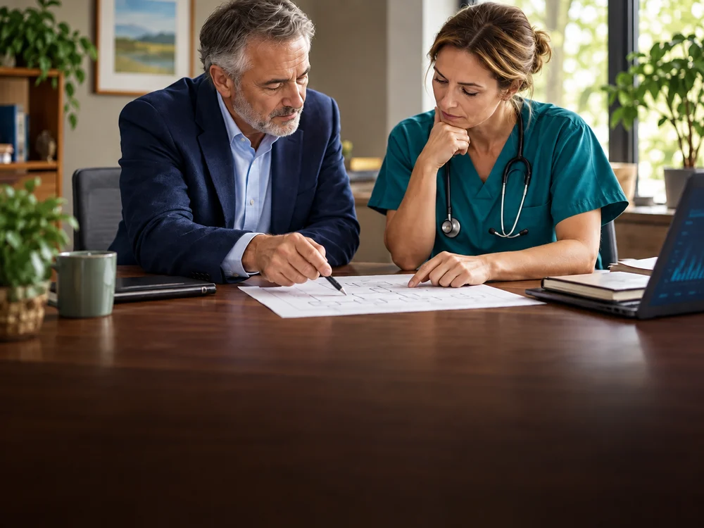 Illustrative scene: A healthcare leader and adviser reviewing an operating plan