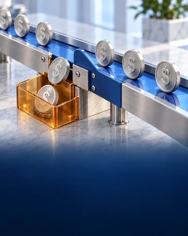 Illustration: Dollar coins escaping through a gap into a recovery tray